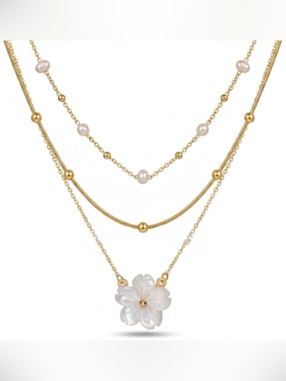 Cherry Blossom Pearl Layered Necklace Set Stainless Steel